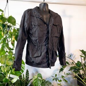 Self Black Raincoat, 4 Front Pockets, Plaid Lining, Size M